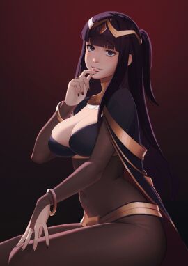 1girls 2025 2d 2d_(artwork) big_breasts black_hair black_nails blue_eyes blunt_bangs bodystocking breasts bridal_gauntlets cape circlet cleavage clothed clothed_female dark_background dnaitari female female_only fire_emblem fire_emblem_awakening from_side gold_jewelry gold_trim kneeling large_breasts long_hair looking_at_viewer midriff nintendo painted_nails questionable sitting skin_tight skindentation smile smiling_at_viewer solo solo_female straight_hair tharja_(fire_emblem) thighs tight_clothing two_side_up