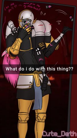 ali_(cute_deth) angelcube_(ship) carrying_over_shoulder carrying_partner cute_deth emo emo_hair emo_robot english english_text exposed_pussy female gabriel_(ultrakill) heresy machine machine_girl mechanical mechanical_wings mirror_selfie pink_hair pussy robot robot_girl self_upload selfie selfship succubus_horns succubus_wings ultrakill usb_tail