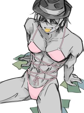 1boy cash chance_(forsaken) coin fedora flopj97 forsaken_(roblox) grey_skin headphones lingerie male male_only money pink_lingerie roblox roblox_game robloxian solo sunglasses tagme