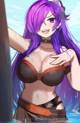 1girls :d alternate_costume armband bare_shoulders bikini black_bikini black_choker black_swimsuit blush breasts chocojax choker cleavage female female_only fire_emblem fire_emblem:_three_houses fire_emblem_heroes fire_emblem_warriors:_three_hopes hair_over_one_eye hand_on_own_chest highres large_breasts long_hair looking_at_viewer navel nintendo nose_blush official_alternate_costume open_mouth purple_eyes purple_hair shez_(fire_emblem) shez_(fire_emblem)_(female) smile solo stomach strapless strapless_bikini swimsuit upper_body very_long_hair water