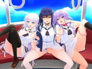 3girls anus aroused ascot ass_visible_through_thighs bell belt_collar black_ascot black_capelet black_hair black_hairband black_pantyhose black_socks blue_eyes blue_panties blue_sky blunt_ends blush bone_hair_ornament brown_footwear capelet censored clothes_lift clothes_pull clothing_aside collar commission crossed_bangs day eyes_visible_through_hair feet_out_of_frame female fingernails foot_out_of_frame hair_behind_ear hair_between_eyes hair_ornament hairband hairclip hands_up heart heart_collar highres holding_hands indoors interlocked_fingers jingle_bell kneehighs knees_together_feet_apart kushima_kamome leg_lift loafers long_hair looking_at_viewer lying mosaic_censoring multiple_females multiple_girls naruse_shiroha navel neck_bell nose_blush ocean official_alternate_costume official_style on_back open_mouth otou_(otou_san) panties panties_around_one_leg panties_aside pantyhose pantyhose_pull pink_panties puffy_short_sleeves puffy_sleeves purple_hair pussy raised_eyebrows ringed_eyes sailor_collar saliva school_uniform serafuku shirt shoes short_sleeves side-by-side sidelocks sitting skeb_commission skirt skirt_lift skull_and_crossbones skull_hair_ornament sky socks sorakado_ai spread_legs straight_hair summer_pockets teeth thighhighs thighs underwear upper_teeth variant_set white_hair white_sailor_collar white_serafuku white_shirt white_skirt white_thighhighs window yellow_eyes zettai_ryouiki