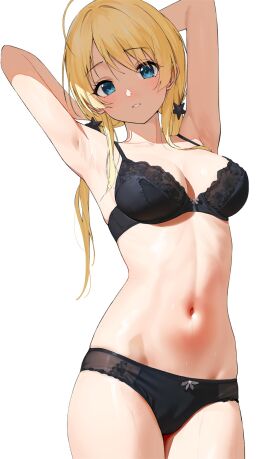 1girls ahoge antenna_hair armpits arms_behind_head bare_armpits bare_arms bare_belly bare_chest bare_hands bare_hips bare_legs bare_midriff bare_navel bare_shoulders bare_skin bare_thighs belly belly_button black_bra black_panties black_underwear blonde-haired_female blonde_eyebrows blonde_female blonde_hair blue-eyed_female blue_eyes blush blush_lines blushing_at_viewer blushing_female bra breasts busty busty_female busty_teenager cleavage collarbone dot_nose elbows exposed exposed_armpits exposed_arms exposed_belly exposed_legs exposed_midriff exposed_shoulders exposed_thighs exposed_torso eyebrows_visible_through_hair female female_focus female_only frilled_bra frilled_panties frilled_underwear gin00 groin hachimiya_meguru hair_ornament hair_ornaments hands_behind_head head_tilt high_resolution high_school_student highres idolmaster idolmaster_shiny_colors lace_bra lace_panties lace_underwear laced_bra laced_panties laced_underwear large_breasts lean_figure legs legs_together light-skined_female light-skinned_female light_skin long_hair looking_at_viewer looking_down looking_down_at_viewer navel panties parted_bangs parted_lips ribbon_bra ribbon_panties schoolgirl shoulders simple_background slender_body slender_waist slim_female slim_waist solo standing sweat sweatdrop sweating sweaty sweaty_armpit sweaty_armpits sweaty_body sweaty_legs sweaty_thighs teenage_female teenager thick_thighs thighs thin_waist tilted_head twintails twintails_(hairstyle) underboob underwear underwear_only upper_body v-line white_background