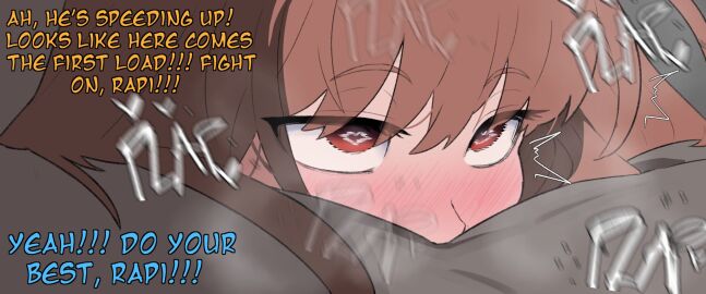 1girls 2d 2d_(artwork) blush brown_hair commander_(nikke) dialogue english_commentary english_dialogue english_text enjoying female goddess_of_victory:_nikke heart-shaped_pupils heart_eyes imminent_creampie light-skinned_female light_skin loving_it onomatopoeia plap rapi_(nikke) red_eyes sex text tremble_spikes vammzu