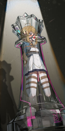 absurdres ahoge arms_behind_back ball_gag bondage bound breasts brown_eyes brown_hair dildo dress frogtie gag gag_harness gagged highres long_hair looking_down monica_everett object_insertion restrained sex_machine sex_toy shibari_over_clothes silent_witch skindentation small_breasts thighhighs vaginal_object_insertion vaginal_penetration white_thighhighs xiongmao zettai_ryouiki