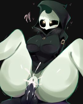 1boy 1girls ass belt_buckle big_ass big_breasts black_background blush bottomless breasts clothed_sex cum cum_drip cum_in_pussy cum_inside cum_splatter cute dark-skinned_male dark_skin fanart female full_nelson gazericc glowing_eyes hearts_around_head hood light-skinned_female light_skin looking_pleasured lucy_(mr_plagu3) male masked_female motion_lines original_character penis plague_doctor pussy sex simple_background sweat tagme_(character) thick_thighs white_body