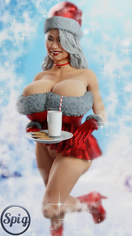 3d 3d_model breasts brown_skin choker christmas christmas_outfit cleavage cleavage_overflow exposed_pussy female holding_object huge_breasts looking_at_viewer mrs._claus nicki_minaj pussy red_lipstick thespig white_hair