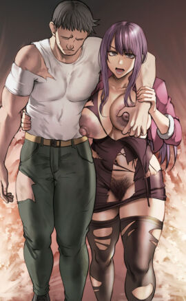 1boy 1girls breast_grab breasts clothing female hairy_pussy long_hair male nipples original pepe_(jonasan) pubic_hair purple-haired_undercover_cop_(pepe_(jonasan)) purple_hair pussy standing tagme torn_clothes