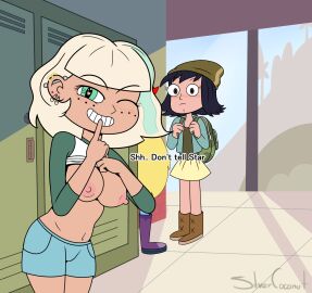 alternate_version_available breasts breasts_out disney disney_channel disney_xd female freckles_on_face jackie_lynn_thomas janna_ordonia nipples pierced_ears pixiv shirt_up silence_gesture silvercoconut source_request star_vs_the_forces_of_evil tan-skinned_female white_female wink