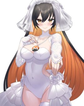 ass_visible_through_thighs bangs bare_shoulders black_hair blush breasts brown_eyes brown_hair cleavage closed_mouth collarbone cowboy_shot dress elbow_gloves eyebrows_visible_through_hair female flower gloves groin jewelry large_breasts leotard long_hair looking_at_viewer multicolored_hair nero_claudius_(fate)_(all) ring rose smile solo standing strapless striped thigh_gap thighhighs two-tone_hair veil very_long_hair white_background white_flower white_legwear white_rose