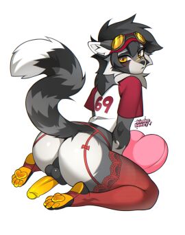 anthro ass balls blush clothed clothing digital_media_(artwork) erection femboy fur genitals hi_res humanoid_genitalia humanoid_penis legwear lingerie looking_at_viewer looking_back male mammal mohnot nude penis presenting presenting_hindquarters procyonid raccoon raised_tail rear_view shanukk shirt simple_background smile solo stockings t-shirt tail thick_thighs thigh_highs topwear wide_hips