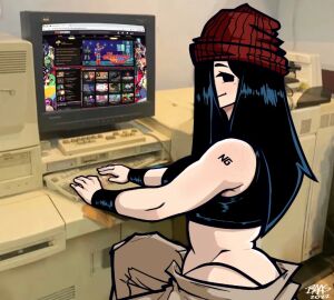 1girls 2000s_(style) 2d 2d_(artwork) 2d_artwork baasng beanie big_breasts black_hair blush breasts clothed clothed_female clothes clothing computer female female_focus female_only google_chrome hair hair_over_one_eye keyboard keyboard_(computer) light-skinned_female light_skin long_hair mole navel_piercing newgrounds ng-girl_(baasng) oc original_character pc photo_background red_beanie redraw revealing_clothes sitting sitting_on_chair skinny slight_blush smile smiling solo solo_female solo_focus string_panties tagme thong