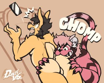 anthro balls bird_dog bite black_hair black_stripes butt_bite canid canine canis domestic_dog duo dustythebat facial_hair felid fur genitals golden_retriever hair half-closed_eyes hi_res hunting_dog male mammal nao_o'connor narrowed_eyes pantherine pink_body pink_fur pink_hair retriever sideburns smile smirk smug smug_face striped_body striped_fur stripes tan_body tan_fur tiger wide_eyed yellow_body yellow_fur