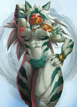 abs angela anthro beast_woman beastgirl big_breasts breasts buff_female claws dominant_female face_mask female fur furry glowing_eyes green_markings long_hair looking_at_viewer marvel marvel_rivals mask muscular pubic_hair red_eyes runes sheath solo standing striped_fur warrior white_fur