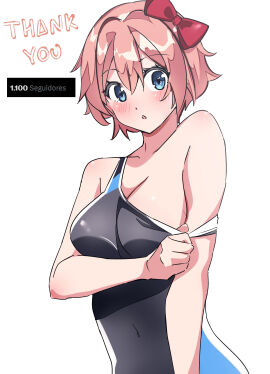 arm_under_breasts blue_eyes blush breasts coral_pink_hair covered_navel doki_doki_literature_club female female_only hair_between_eyes hair_bow hair_intakes just_sayori light-skinned_female light_skin medium_breasts milestone_celebration niwd_3 off_shoulder parted_lips red_bow sayori_(doki_doki_literature_club) short_hair simple_background solo swimsuit swimsuit_pull thank_you white_background