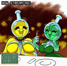 big_breasts breasts dinner female flask glass glass_girl glasses green_dress male millie_(tansau) mother_and_daughter neck_brace older_female older_female_and_younger_female sketch tansau wine wine_glass yellow_dress