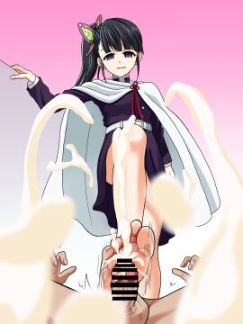 1boy 1girls asian_female bangs barefoot belt black_hair butterfly_hair_ornament cape censored censored_penis cum dark_dress demon_slayer ejaculation faceless_male feet female femdom foot_fetish footjob full_body fully_clothed gradient_background kimetsu_no_yaiba legs long_legs looking_down low-angle_view male nush_advance penis pink_background ponytail side_ponytail smile soles standing standing_on_one_leg standing_over_viewer standing_sex stepping_on_penis teenager toes tsuyuri_kanao unexpected_dom uniform upskirt