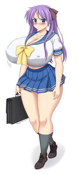 1girls abridged-satoko alternate_breast_size breasts cleavage female gigantic_breasts huge_breasts kagami_hiiragi lucky_star twintails walking