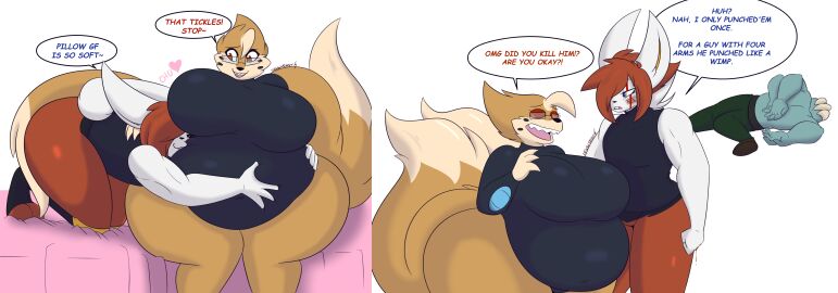 2_tails 4_fingers ahoge anthro anthrofied ass athletic athletic_anthro athletic_male bailey_(dewwydarts) bailey_(dewwydartz) bbw belly belly_grab belly_kiss belly_overhang belly_play belly_rub big_ass big_belly big_breasts big_butt black_clothing blush breasts cinderace clothed clothing curvy_figure describing_belly dewwydarts dewwydartz dialogue duo english_text eyewear fangs feet female fingers floatzel fur furry game_freak generation_4_pokemon generation_8_pokemon glasses hair hand_on_belly head_on_belly heart_symbol hi_res holding_stomach hug huge_ass huge_breasts huge_butt huge_hips kissing male male/female multi_tail multicolored_body multicolored_fur nintendo obese obese_anthro obese_female one-piece_swimsuit open_mouth orange_body orange_fur orange_hair overweight overweight_anthro overweight_female pokemon pokemon_(species) pokemorph red_eyes romantic romantic_couple sharp_teeth simple_background steve_(dewwydarts) steve_(dewwydartz) swimwear tail tan_hair teeth text thick_thighs toeless_(marking) white_background white_body white_fur wide_hips