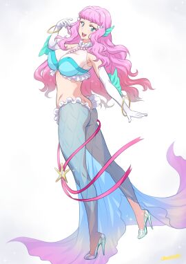 ass ass_crack bare_shoulders blue_eyes blue_shirt bracelet breasts butt_crack commentary_request crop_top cure_la_mer female fins gloves hair_ornament head_fins high_heels highres jewelry joy_ride laura_(precure) laura_la_mer long_hair looking_at_viewer necklace open_mouth pearl_hair_ornament pearl_necklace pink_ribbon precure pretty_cure purple_hair ribbon see-through see-through_skirt shirt skirt smile tropical-rouge!_precure wavy_hair