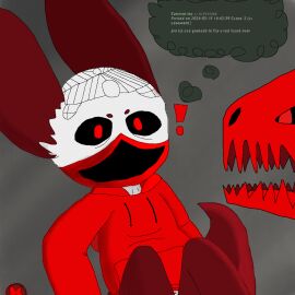 anthro clothing death3359 duo exclamation_point explosives face_mask grenade hoodie lizard_(rain_world) male male/male rain_world red_clothing red_ears red_eyes red_hoodie red_lizard_(rain_world) red_tail red_tongue red_topwear shaded sitting sitting_on_ground slugcat small_eyebrows symbol_on_head tail thought_bubble tongue topwear unknown_(death3359) videocult weapon