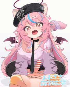 1futa 1girls animal_ears bar_censor blue_hair breasts censored clothed clothing commentary_request commission female female_focus futa_on_female futa_pov futa_with_female futanari hat heart highres human intersex light-skinned_female light-skinned_futa light_skin mostly_nude multicolored_hair multiple_females multiple_girls open_mouth original owasaki paid_reward_available penis pink_hair pov skeb_commission sweater tail variant_set wings