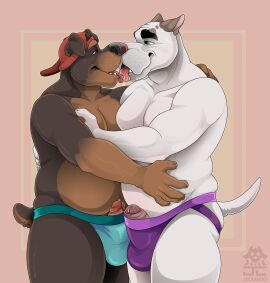anthro backwards_baseball_cap backwards_hat baseball_cap belly bodily_fluids bulge canid canine canis clothed clothing domestic_dog duo emery_waldren erection eyebrows foreskin french_kissing frottage genital_fluids genitals glans hat headgear headwear hi_res humanoid_genitalia humanoid_penis jackaloo jockstrap jockstrap_only kissing male male/male mammal mastiff mature_male molosser overweight overweight_anthro overweight_male penile penis penis_poking_out precum rottweiler saliva sex shirtless thick_eyebrows tongue tongue_out topless uncircumcised underwear underwear_only