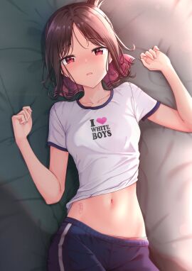 asian_female bleached breasts brown_hair edit edited japanese_female looking_at_viewer petite_body queen_of_hearts raceplay red_eyes shinomiya_kaguya small_breasts tattoo themed_clothes wmaf