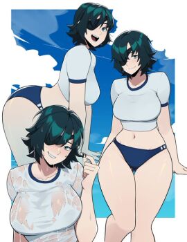 blush chainsaw_man eye_patch female green_hair himeno_(chainsaw_man) panties sky wet_shirt white_shirt