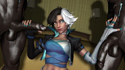 1girls 2boys 3d black_hair dark-skinned_male dark_skin female handjob interracial light-skinned_female light_skin lortbort luna_snow luna_snow_(marvel_rivals) male marvel marvel_comics marvel_rivals mmf_threesome smile teasing threesome white_hair