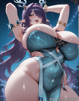 ai_generated blue_eyes blue_hair blush genshin_impact horns huge_breasts lauma_(genshin_impact) long_hair sakaro