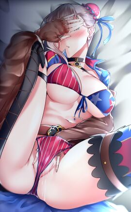 american_flag american_flag_bikini american_flag_print asymmetrical_gloves bikini blue_jacket blush breasts brown_gloves bun_cover choker cleavage covering_own_eyes cropped_jacket fate/grand_order fate_(series) female female_masturbation fingerless_gloves flag_print gloves hair_bun hair_ribbon highres jacket large_breasts len_(hand_linke) long_hair long_sleeves lying masturbation miyamoto_musashi_(fate) miyamoto_musashi_(swimsuit_berserker)_(fate) miyamoto_musashi_(swimsuit_berserker)_(second_ascension)_(fate) navel on_back pink_hair print_bikini pussy pussy_juice ribbon shrug_(clothing) single_side_bun solo spread_legs swept_bangs swimsuit thighhighs thighs