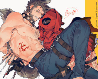 2boys abs alternate_costume animal_ears arm_hair arms_behind_back beard big_bad_wolf_(cosplay) blue_pants body_writing bondage bound bow brown_hair chain_leash chains chest_hair claw_(weapon) collar cosplay couple deadpool deadpool_&_wolverine_(2024) facial_hair fishnets gay gloves grabbing_another's_ass groping hairy halloween halloween_costume hazel_eyes heart hiki0ta hood hood_up large_pectorals leash little_red_riding_hood_(copyright) little_red_riding_hood_(cosplay) looking_at_another male male_focus male_only marvel marvel_cinematic_universe marvel_comics mask mature_male multiple_boys multiple_males muscular muscular_male mutant_(marvel) mutate_(marvel) navel nipples pants pectorals red_hood red_mask scar scars_all_over short_hair short_sleeves sweatdrop tail teeth thigh_strap topless_male twitter_username veins weapon wolf_boy wolf_ears wolf_tail wolverine_(x-men) x-men yaoi