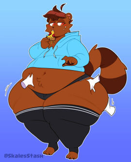 1boy ahoge ass bear belly big_belly blue_background blush brown_fur brown_hair chubby disembodied_hand eating fat fat_ass fat_fetish femboy furry hoodie hotpants hybrid hyper_thighs looking_down male orange_eyes original pizza raccoon short_shorts skalesstash thick_thighs thighhighs weight_gain wide_hips