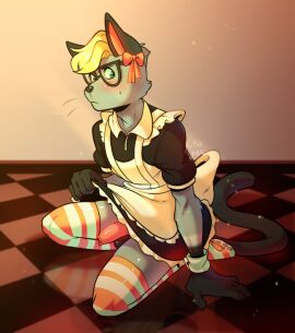 2020 5_fingers animal_crossing anthro balls biped black_body black_fur black_nose blonde_hair blush bodily_fluids brown_eyes claws clothed clothing clothing_lift crossdressing digital_media_(artwork) domestic_cat dress dress_lift ear_bow eyewear felid feline felis fingers foreskin fur genitals glasses green_eyes grey_body grey_fur hair half-erect heterochromia humanoid_genitalia humanoid_penis k1ngl30n kneeling legwear long_tail maid_uniform male mammal multicolored_body multicolored_fur nintendo pattern_clothing pattern_legwear pawpad_socks penis raymond_(animal_crossing) reflective_floor solo striped_clothing striped_legwear stripes sweat tail two-tone_body two-tone_fur uncircumcised uniform