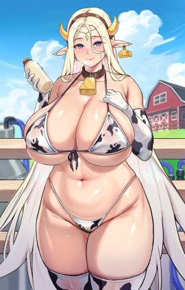1girls armwear big_breasts bikini blonde_hair blue_eyes breasts cerestia_of_life cleavage clothing cor369 cow_print elf_ears farm female female_only forehead_jewel hair huge_breasts large_breasts last_origin long_hair mature mature_female milf pointy_ears solo solo_female voluptuous
