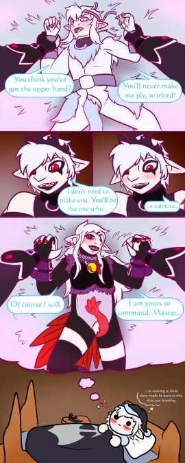 accessory ambiguous_gender angel bdsm_outfit bdsm_suit bed bell bell_collar belt blush bondage bound claws clothing collar colored_nails comic crown dialogue dominant dot_eyes drazil_(slightly_damned) dream ear_piercing ear_ring english_text eyeliner fan_character fantasizing feathers female fur_trim_(clothing) furniture genitals gloves group hair handwear hat headband headgear headwear hi_res high-angle_view humanoid humanoid_pointy_ears legwear lipstick makeup male male/female male/male mitten_leapfoot_(sandentwins) nails nightcap open_crotch past_meets_present piercing pinned pinned_to_ground pointy_ears red_eyes resisting ring_piercing sandentwins selfcest sharp_teeth sleeping slightly_damned speech_bubble square_crossover stockings submissive syndel_(slightly_damned) teeth text thought_bubble unusual_anatomy unusual_genitalia white_hair