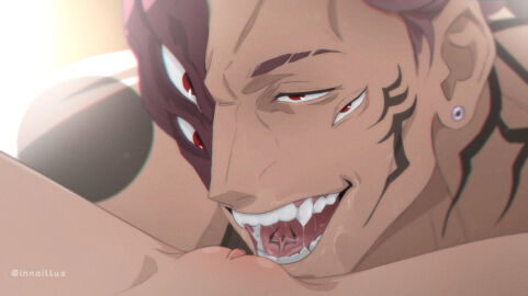 eating_pussy fangs female innaillus jujutsu_kaisen open_mouth pink_hair pussy red_eyes ryoumen_sukuna_(jujutsu_kaisen) saliva smiling tattoo