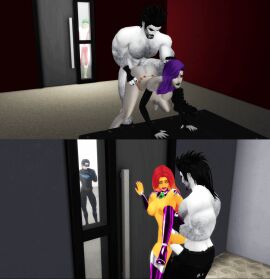 2girls 3boys 3d animated animated_gif batman_(series) beast_boy cuckold dc dc_comics dick_grayson doggy_style female gif hidden_sex huge_cock lobo_(dc) male multiple_boys multiple_females multiple_girls multiple_males nightwing penis pof3445 raven_(dc) sex standing_on_one_leg standing_sex starfire teen_titans the_sims the_sims_4