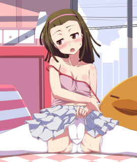 ass_visible_through_thighs bare_arms bare_shoulders belly_button blush body_blush bon_(moegomi) bon_3000 breasts brown_eyes brown_hair cameltoe camisole cleavage collarbone female frilled_skirt hairband indoors medium_hair monogatari_(series) navel_cutout no_bra on_floor open_mouth panties pussy sengoku_nadeko sitting skirt skirt_lift small_breasts spread_legs strap_pull strap_slip sweat sweaty_body thighhighs thighs white_thighhighs zettai_ryouiki
