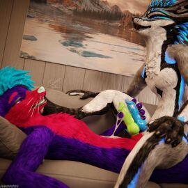 1:1 3d_(artwork) 4k absurd_res animal_genitalia animal_penis anthro anthro_on_anthro balls biped black_body black_fur blender_(artwork) blender_cycles blue_body blue_fur blue_penis bodily_fluids canid canine canine_genitalia canine_penis canis claws clothing cum cum_drip cum_dripping_from_penis cum_on_belly cum_on_body cum_on_chest cum_on_penis cumshot depth_of_field digital_media_(artwork) dragonplayer dragonplayer_(character) dripping duo ejaculation erection feet fox frottage fur furniture genital_fluids genitals green_penis hair hand_on_knee hand_on_leg hand_on_penis hi_res hindpaw inside jex jexouium knot living_room lying lying_on_sofa male male/male mammal masturbation mccheese178 multicolored_body nude on_back on_sofa open_mouth orgasm paws penile penis penises_touching purple_body purple_fur red_body red_fur reflection rexouium rubbing_penis sex sitting sitting_on_another sitting_on_sofa slim slim_anthro slim_male slim_sub smile sofa tail teeth white_body white_fur