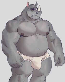 2022 5_fingers absurd_res adios bara black_eyebrows briefs bulge clothed clothing colored detailed_bulge eyebrows fingers hi_res humanoid_hands male mammal navel nipples rhinoceros solo thick_eyebrows underwear underwear_only white_briefs white_clothing white_underwear yaoi