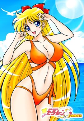 adult_swim alluring big_breasts bikini bird bishoujo_senshi_sailor_moon bishoujo_senshi_sailor_moon_s blonde_hair blue_eyes blue_sky bow breasts cleavage cloud earrings female high_res highleg highleg_bikini jewelry long_hair minako_aino ocean red_bow sailor_venus seagull sky sunlight swimsuit tatsumi_kyouhei toei_animation toonami very_long_hair