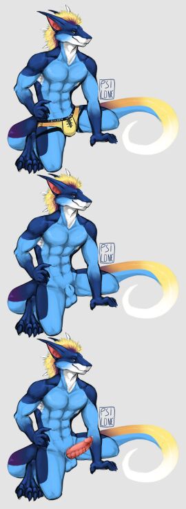 2017 abs animal_genitalia anthro balls blonde_hair blue_body bodily_fluids bulge clothed clothing dragon dripping erection fully_sheathed genital_fluids genitals gradient_body hair hand_on_hip hi_res i-psilone kneeling looking_at_viewer male male_anthro multiple_images muscular muscular_anthro muscular_male mythological_creature mythological_scalie mythology pecs penis pink_body pink_penis precum precum_drip purple_body scalie sheath simple_background solo teryx_commodore topless topless_anthro topless_male underwear underwear_only white_body yellow_body yellow_eyes