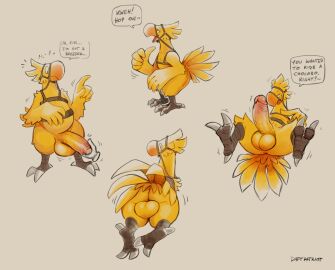 animal_noises anthro ass avian balls beak bedroom_eyes big_ass big_balls big_butt big_penis chocobo claws daftpatriot dialogue disembodied_hand english_text erection feathers feet final_fantasy foreskin front_view fur genitals gesture glans half-closed_eyes hand_gesture hand_on_ass hand_on_butt harness harness_only hi_res huge_balls huge_cock humanoid_genitalia humanoid_penis lying male narrowed_eyes on_back penis pointing pointing_at_self presenting presenting_penis rear_view seductive solo speech_bubble square_enix tail tail_feathers talking_to_viewer talons text thick_thighs toes touching_penis uncircumcised yellow_body yellow_feathers