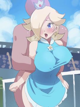 1boy 1boy1girl 1girls 2d 2d_(animation) ambiguous_penetration animated blonde_female blonde_hair blue_eyes blush breast_jiggle breasts clothed_female_nude_male crowd crowd_watching crown dress earings faceless_male mario_(series) mario_tennis mario_tennis:_ultra_smash moaning music net nipples nipples_visible_through_clothing princess_rosalina public public_sex royalty sex sound sound_edit standing_sex tagme tennis_court tennis_uniform thick video