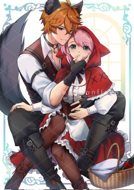 1boy 1girls arms_around_partner blue_eyes charlotte_(genshin_impact) childe_(genshin_impact) corset cosplay costume female finger_on_lip fingerless_gloves genshin_impact ginger halloween halloween_costume hugging hugging_from_behind legs_around_partner little_red_riding_hood_(copyright) little_red_riding_hood_(cosplay) male male/female pantyhose peppermoonflakes pink_hair straight tartaglia_(genshin_impact) wolf_costume wolf_ears wolf_tail