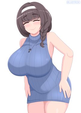 1girls armpits bangs big_breasts bluefrok blush breasts brown_hair closed_eyes coloured cute eyebrows_visible_through_hair eyelashes female hair_band hand_on_hip large_breasts leaning_forward mary_(nikke) necklace smile sweater syringe tagme thick_thighs thighs virgin_killer_sweater