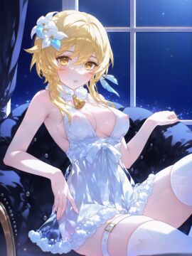 absurd_res ai_generated alternate_costume armchair armpit_crease armpits babydoll bare_arms bare_shoulders bell belt belt_collar blonde_hair blush bow breasts bubble buckle chair chemise choker christmas cleavage collar couch covered_nipples cowbell cowboy_shot curtains dress feather_hair_ornament feathers female fingernails flower fur-trimmed_dress fur_collar fur_trim genshin_impact hair_between_eyes hair_flower hair_ornament halter_dress halterneck hand_up indoors jingle_bell knee_up lace_trim large_breasts light_particles lily_(flower) lingerie long_hair looking_at_viewer lumine_(genshin_impact) medium_breasts medium_hair ministro neck_bell negligee night night_sky nightgown nipples no_bra on_chair on_couch open_mouth parted_lips reclining red_curtains ribbon see-through see-through_dress see-through_legwear short_dress short_hair short_hair_with_long_locks sideboob sidelocks sitting skindentation sky sleeveless sleeveless_dress smile solo spaghetti_strap star_(sky) starry_sky strap_gap thigh_belt thigh_strap thighhighs thighs underwear water_drop white_bow white_choker white_collar white_dress white_flower white_ribbon white_scarf white_thighhighs window yellow_eyes zettai_ryouiki