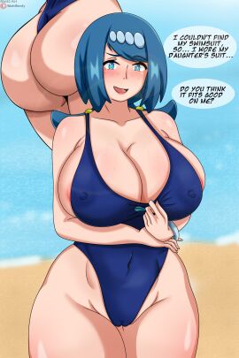 1girls areola_slip areolae armwear ass ass_shot big_ass big_breasts blue_eyes blue_hair blue_swimsuit bracelet breasts bubble_ass bubble_butt cleavage english english_text female female_only freckles freckles_on_face game_freak hair hips huge_ass huge_breasts lana's_mother_(pokemon) large_breasts mattc-art mature mature_female milf mother nipple_bulge one-piece_swimsuit pokemon pokemon_sm short_hair smile solo solo_female swimsuit swimwear text thighs tight_fit tight_swimsuit wide_hips