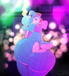 anthro ass ass_focus bubble_ass bubble_butt butt_focus clothing femboy fishnet_clothing fishnet_legwear half-closed_eyes hi_res legwear long_tongue looking_at_viewer looking_back looking_back_at_viewer male mario_(series) narrowed_eyes nintendo pole signature smile solo stripper stripper_pole super_mario_bros. thelewdshi tongue yoshi